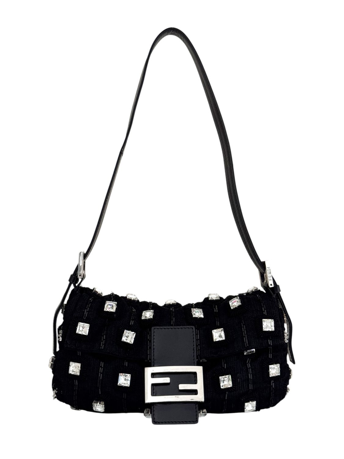 FENDI VINTAGE BLACK BEADED BAGUETTE BAG WITH CRYSTAL AND EMBROIDERED DETAILS