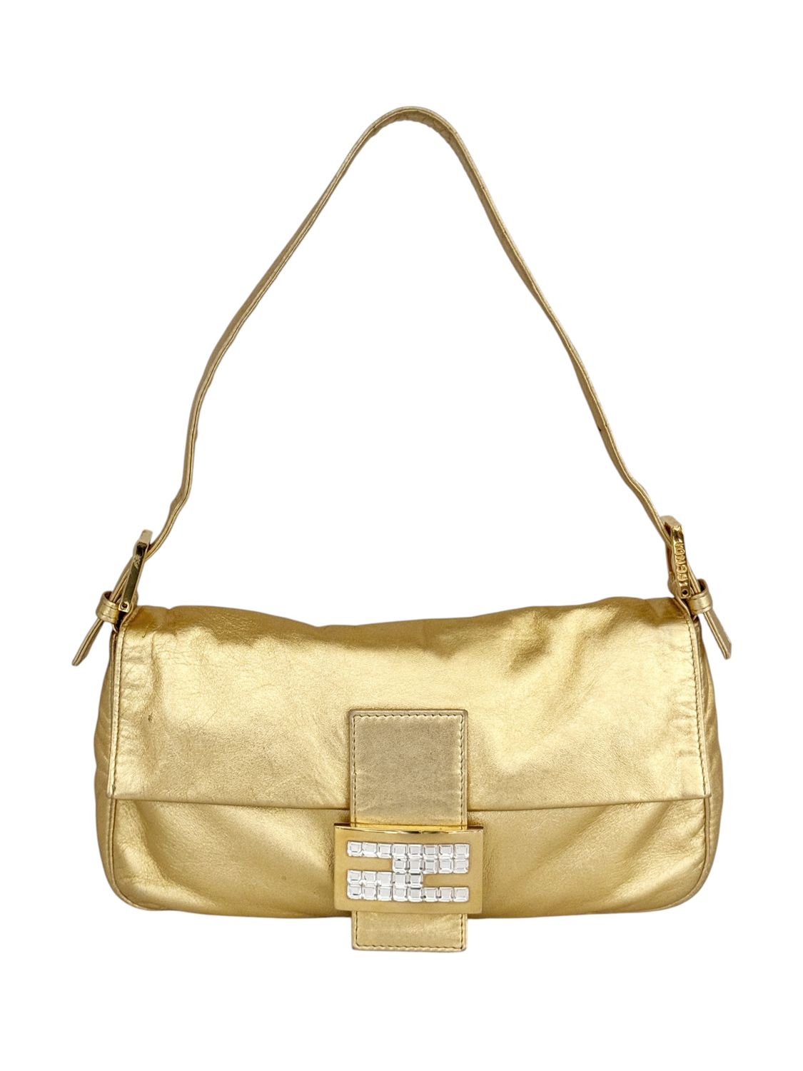 FENDI Y2K ICONIC GOLD LEATHER RHINESTONE BAGUETTE BAG SATC