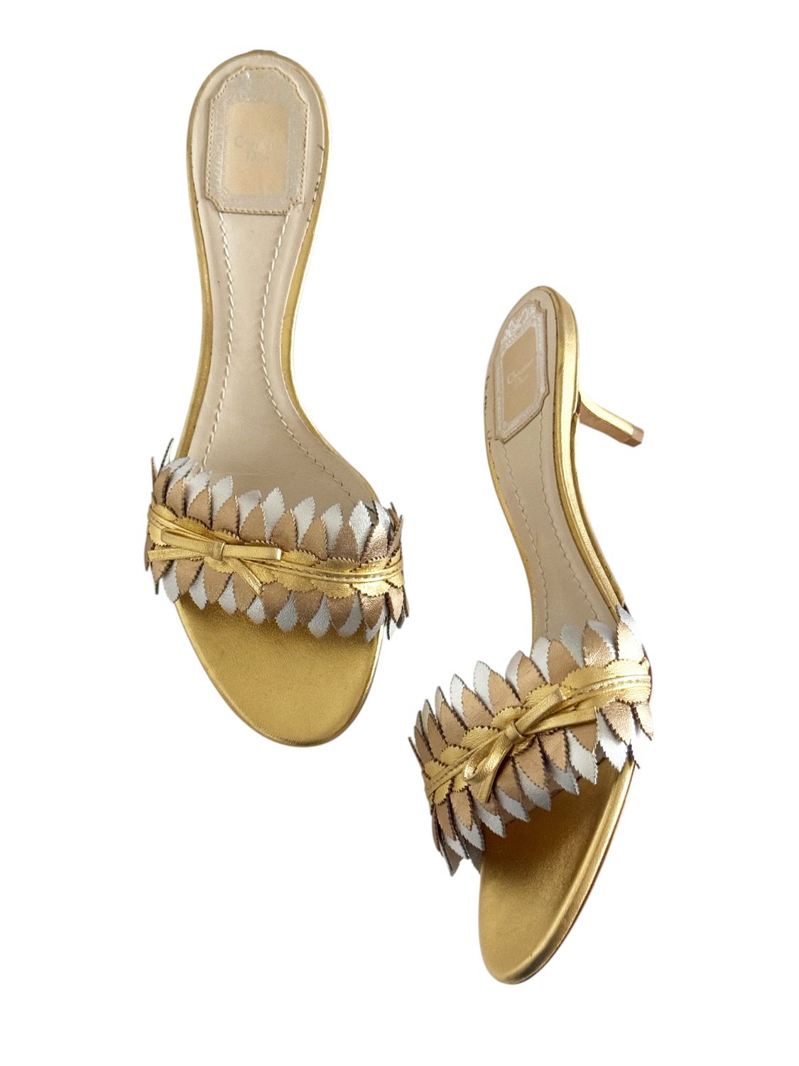 CHRISTIAN DIOR GOLD SILVER LEATHER BOW &amp; LEAF DESIGN MULES HEELS
