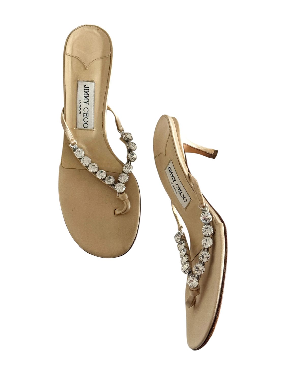 JIMMY CHOO NEUTRAL SATIN RHINESTONE DETAIL THONG HEELS