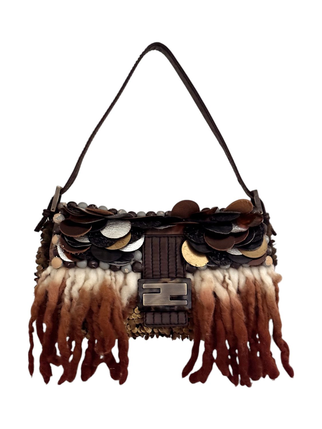 FENDI RARE LIMITED EDITION VINTAGE BAGUETTE BAG WITH LEATHER PAILLETTES AND WOOL TASSELS
