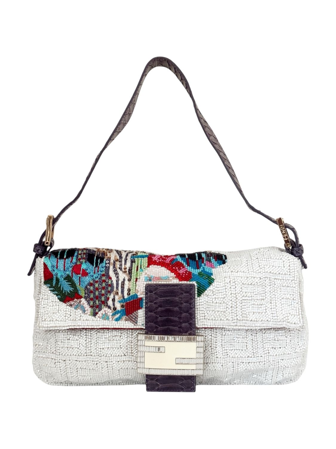 FENDI FF ZUCCA BEADED BAGUETTE W PYTHON TRIM BAG