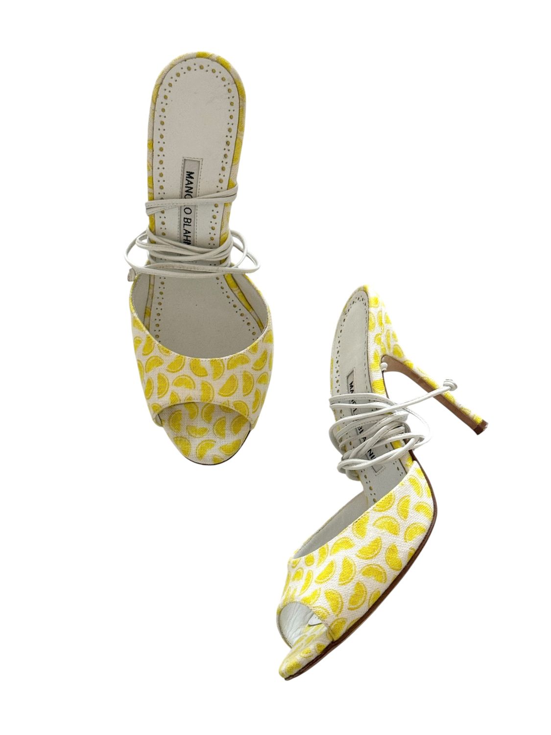 MANOLO BLAHNIK LEMON PRINT WRAP HEELS