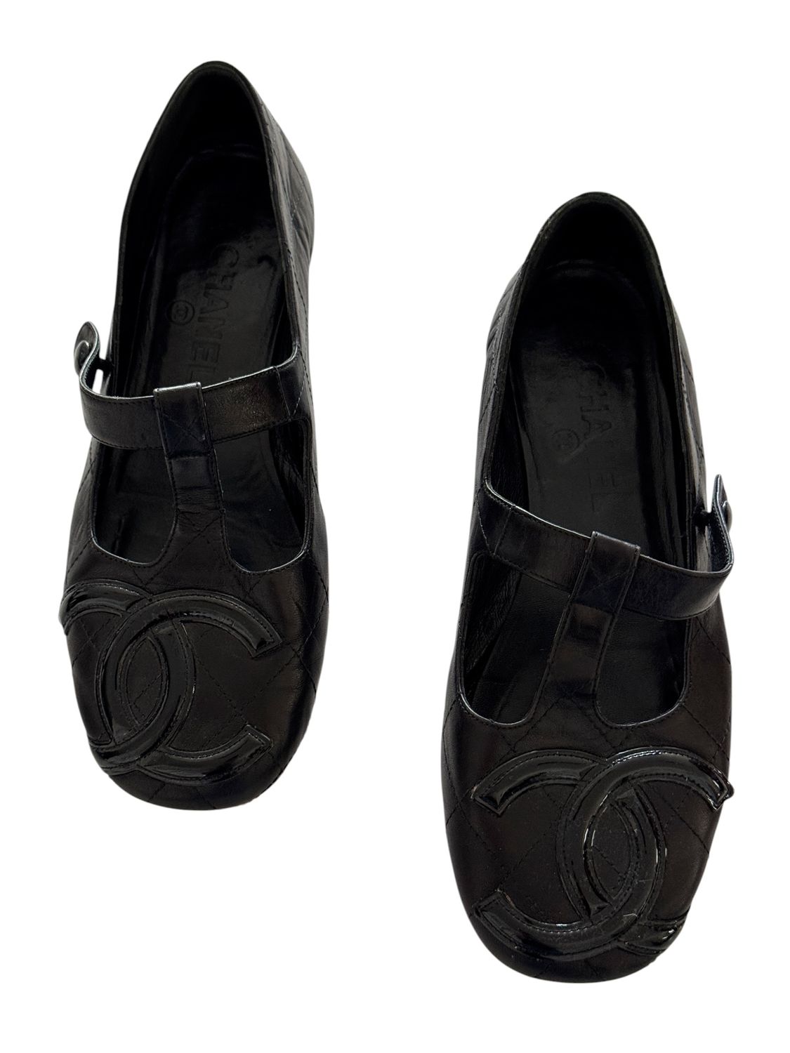 CHANEL VINTAGE CC LOGO LETTER BLACK LEATHER CAMBON BALLET FLATS