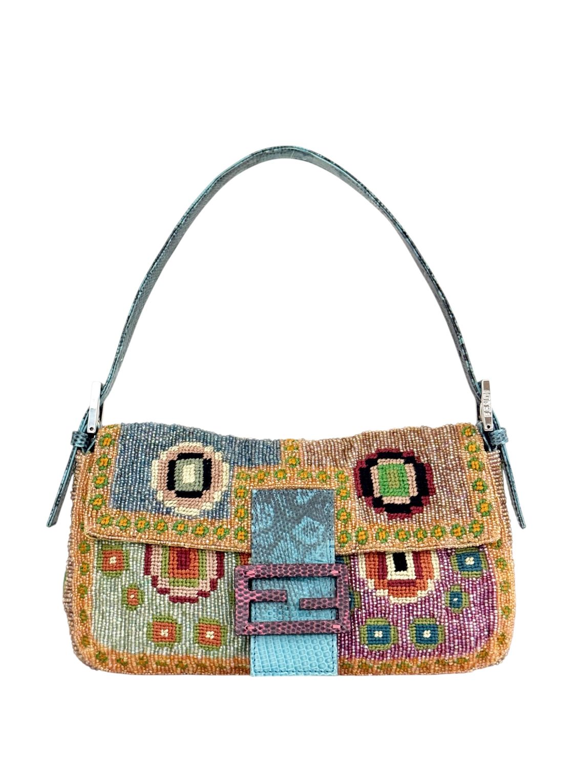 FENDI ARCHIVAL BEADED BAGUETTE SHOULDER BAG WITH BLUE LIZARD TRIM