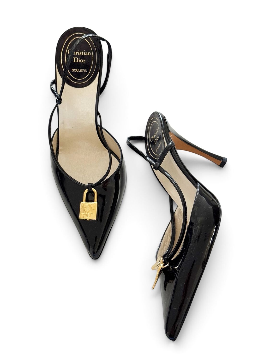 CHRISTIAN DIOR ARCHIVAL Y2K GALLIANO SLINGBACK HEELS WITH PADLOCK AND KEYS CHARMS
