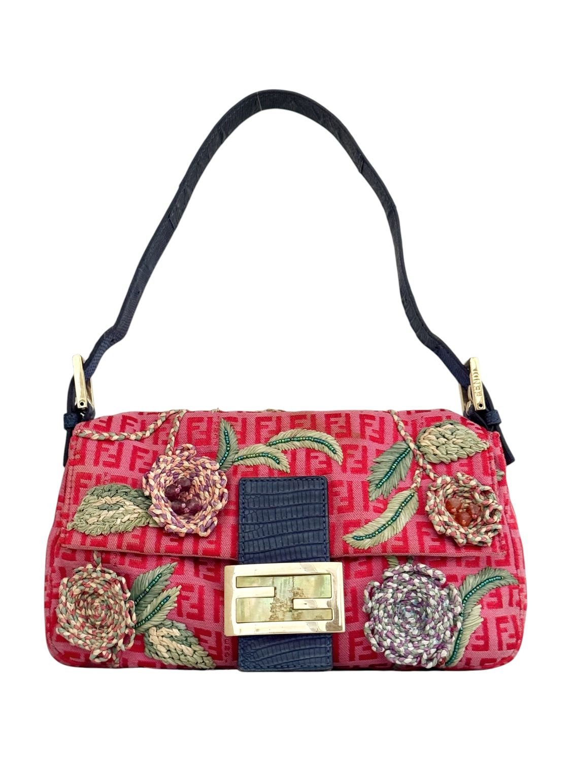 FENDI ARCHIVAL ZUCCHINO FLORAL BEADED BAGUETTE SHOULDER BAG