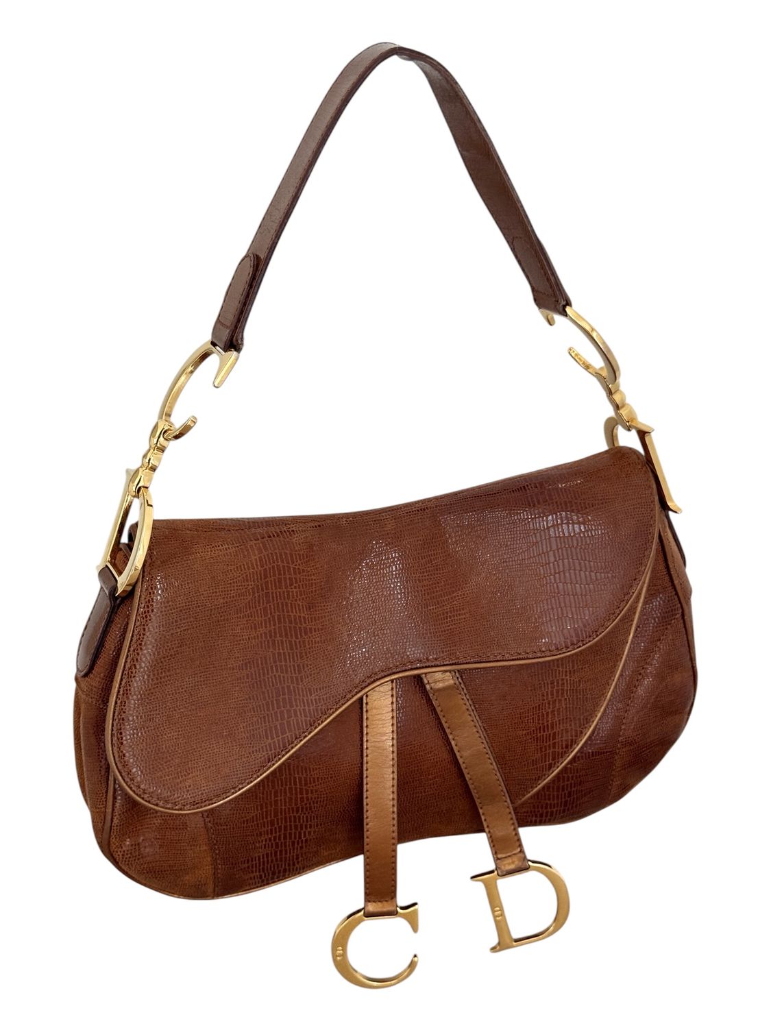 CHRISTIAN DIOR ARCHIVAL BROWN LIZARD LEATHER DOUBLE SADDLE BAG