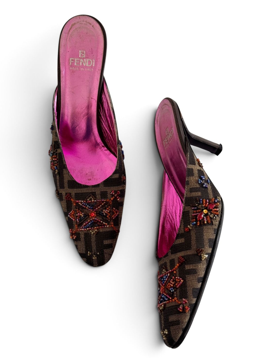 FENDI ARCHIVAL FF ZUCCA BEADED MULES