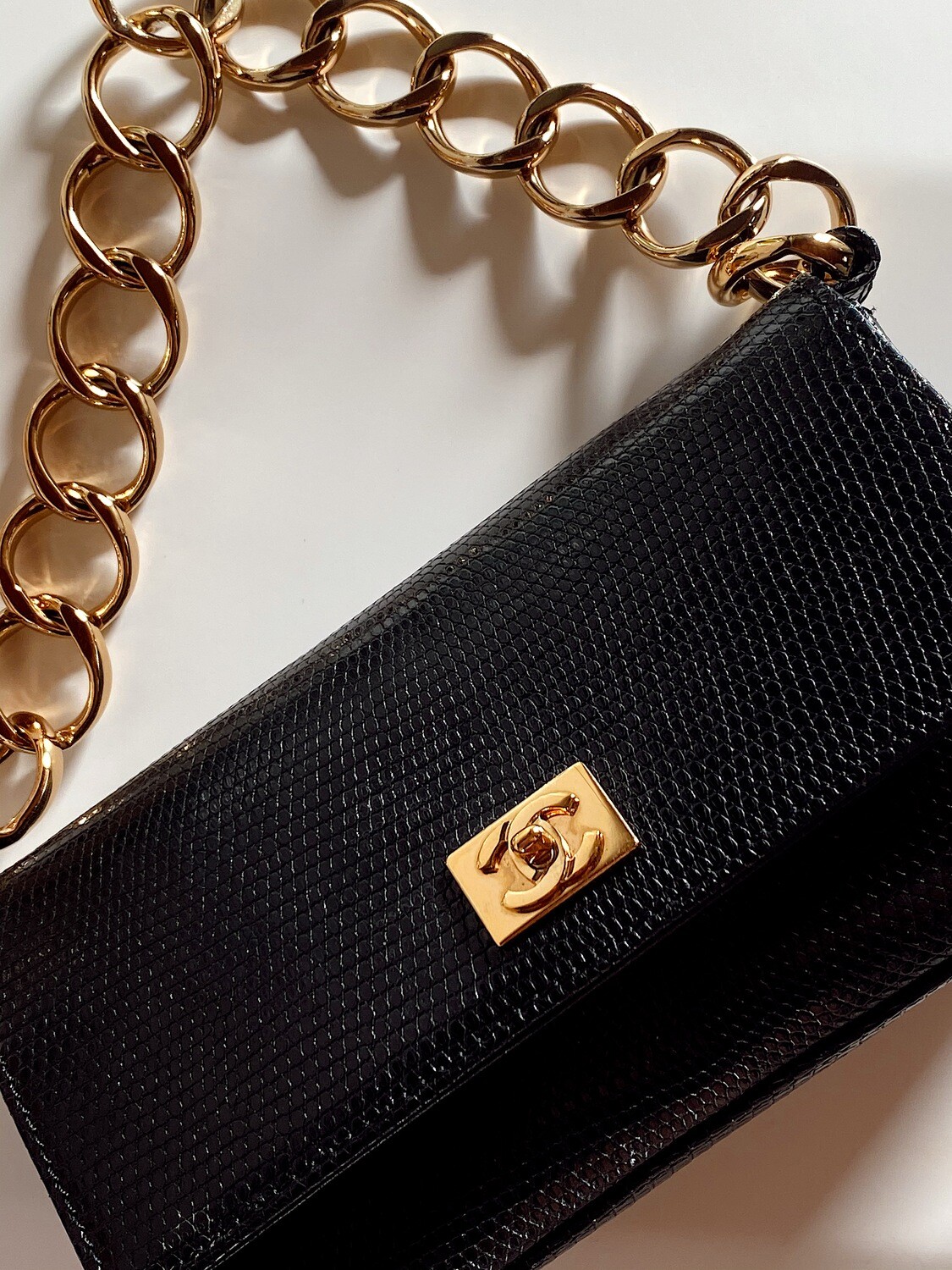 VINTAGE CHANEL BLACK LIZARD MINI FLAP BAG
