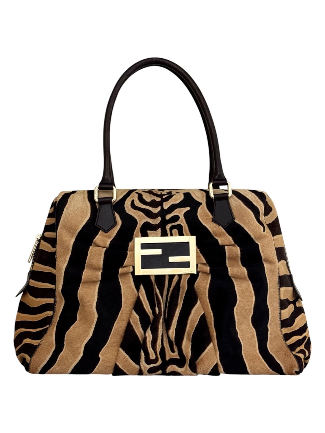 FENDI ZEBRA PRINT PONY HAIR BOSTON SATCHEL BAG