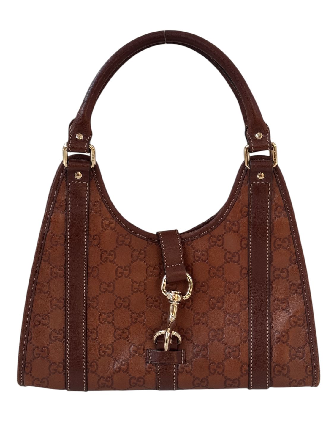 GUCCI VINTAGE GG MONOGRAM BROWN LEATHER TOP HANDLE JACKIE BAG