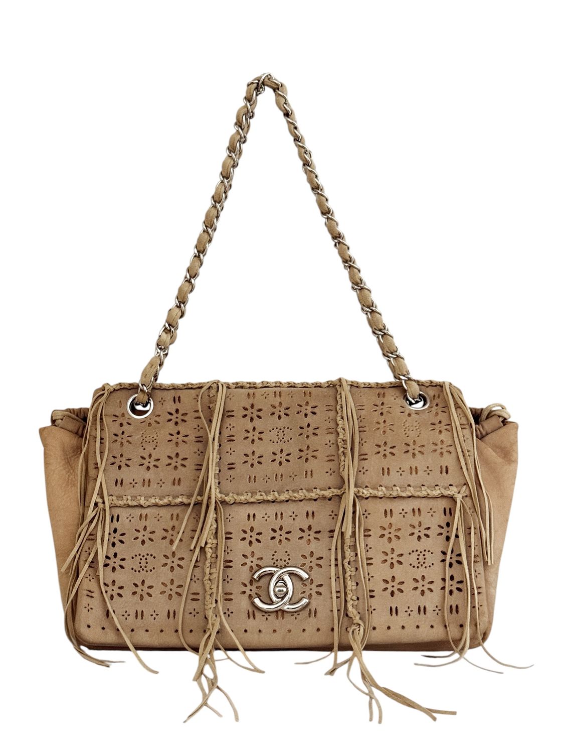 CHANEL CC LOGO FRINGE CROCHET LASER CUT LEATHER FLAP SHOULDER BAG