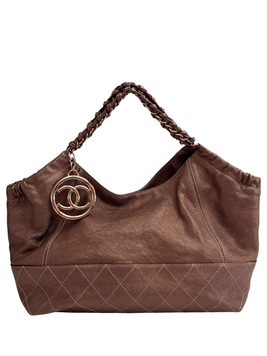 CHANEL BRONZE LEATHER CABAS SHOULDER TOTE BAG