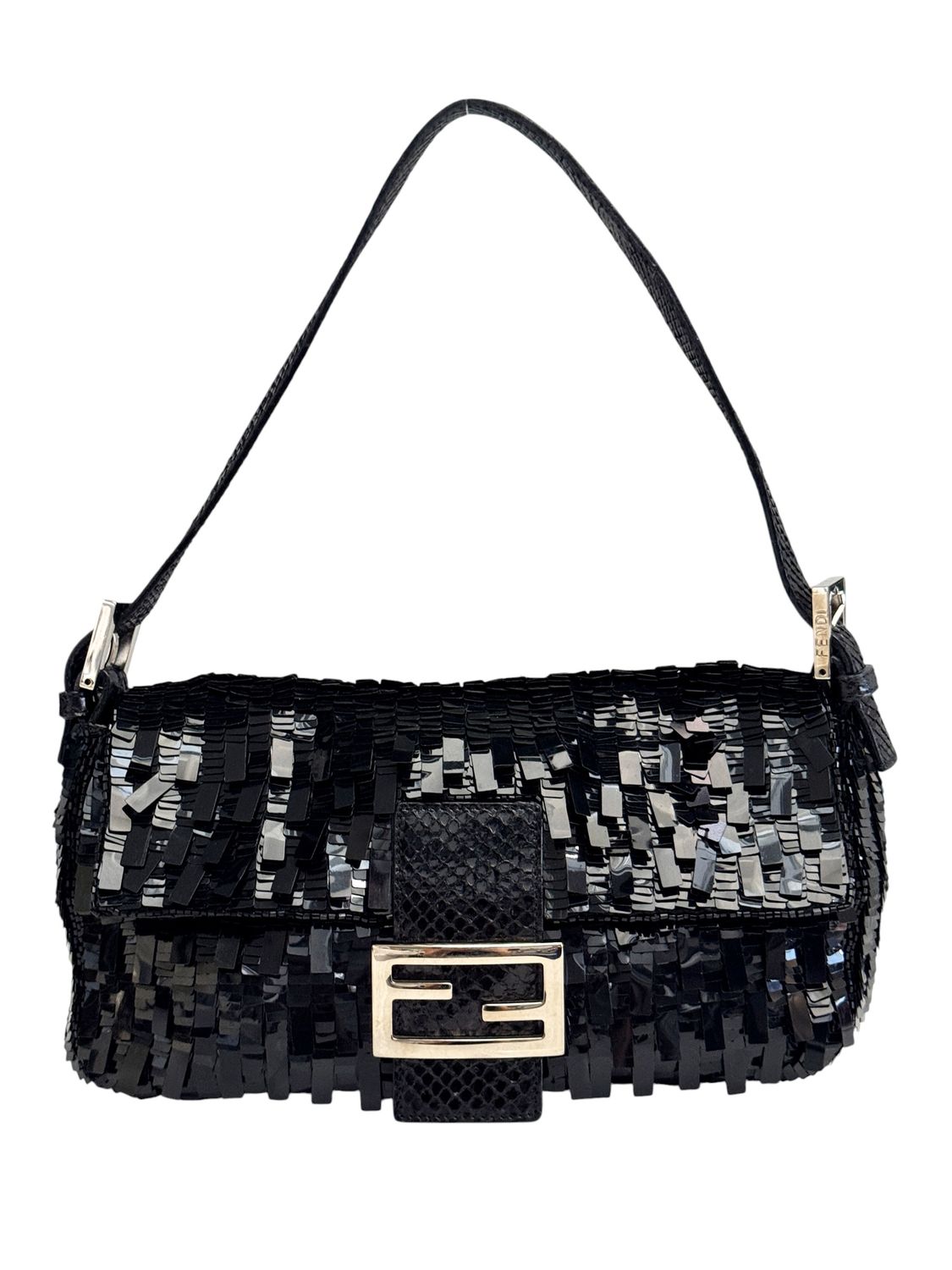 FENDI VINTAGE BLACK SEQUIN AND PYTHON BAGUETTE SHOULDER BAG