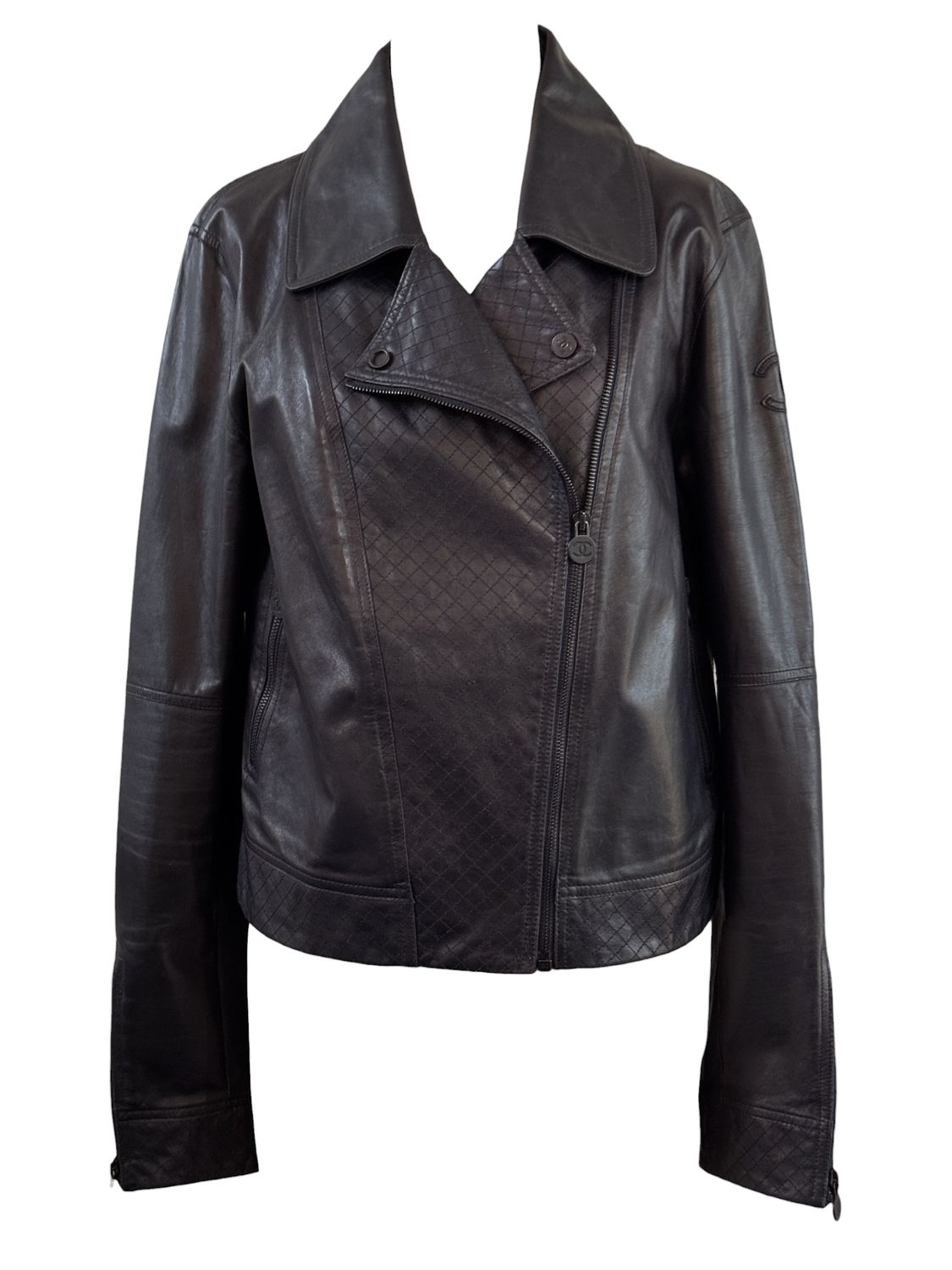 CHANEL CC LOGO BLACK LEATHER BIKER JACKET