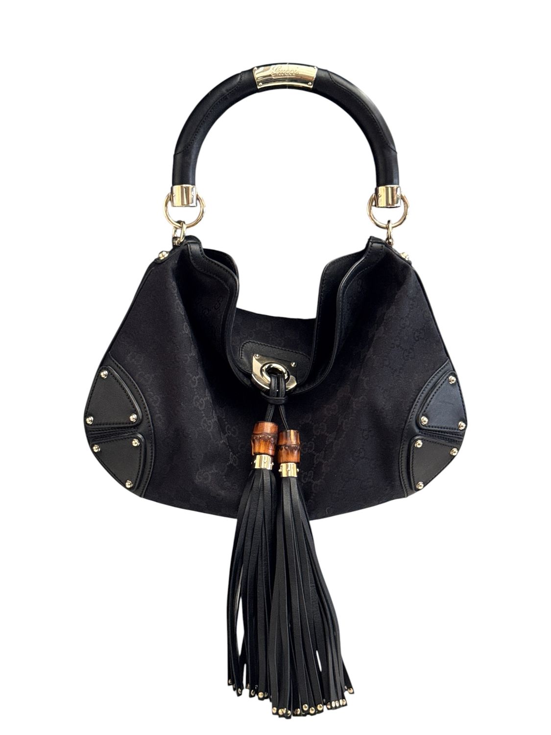 GUCCI VINTAGE GG INDY BAMBOO TASSEL TOP HANDLE BAG