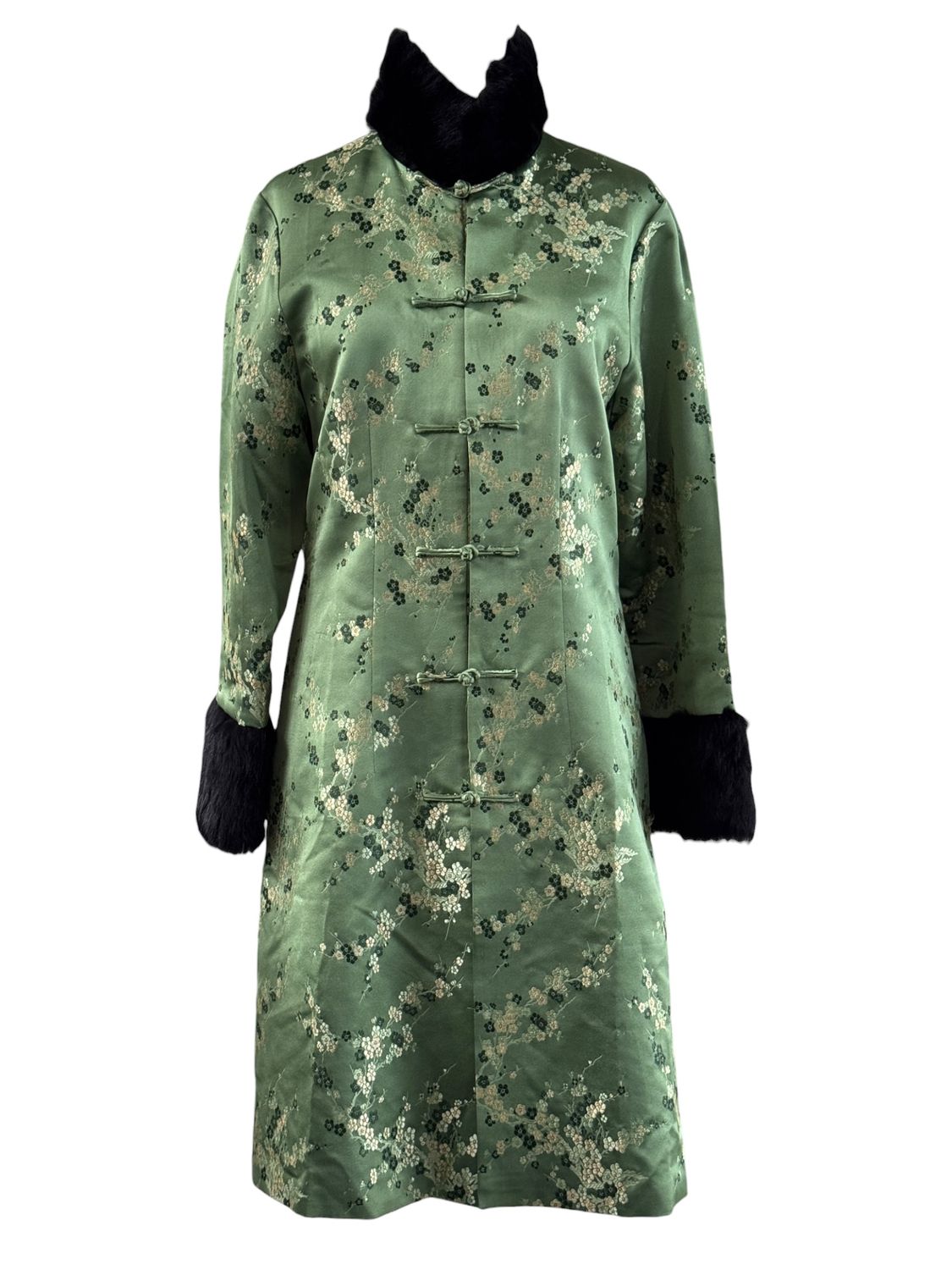 VINTAGE SILK BROCADE MANDARIN JACKET COAT WITH GENUINE BLACK FUR