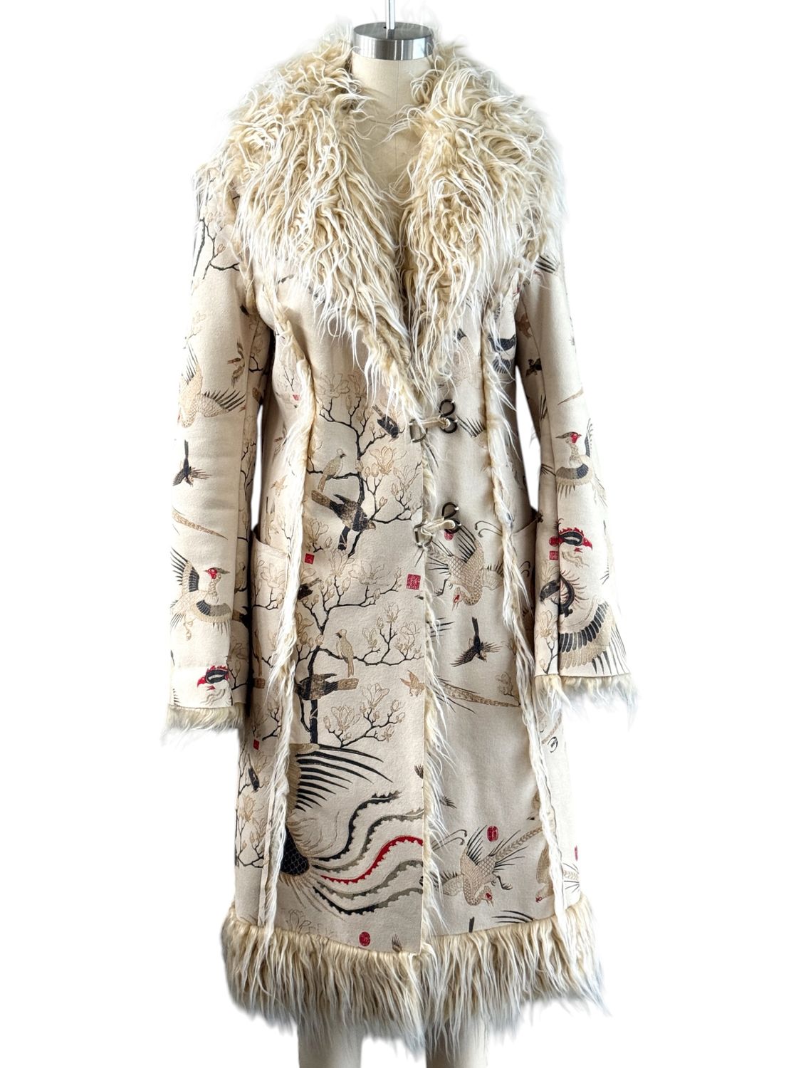 ROBERTO CAVALLI 2005 ARCHIVE BIRD PRINT FAUX SHEARLING MAXI COAT