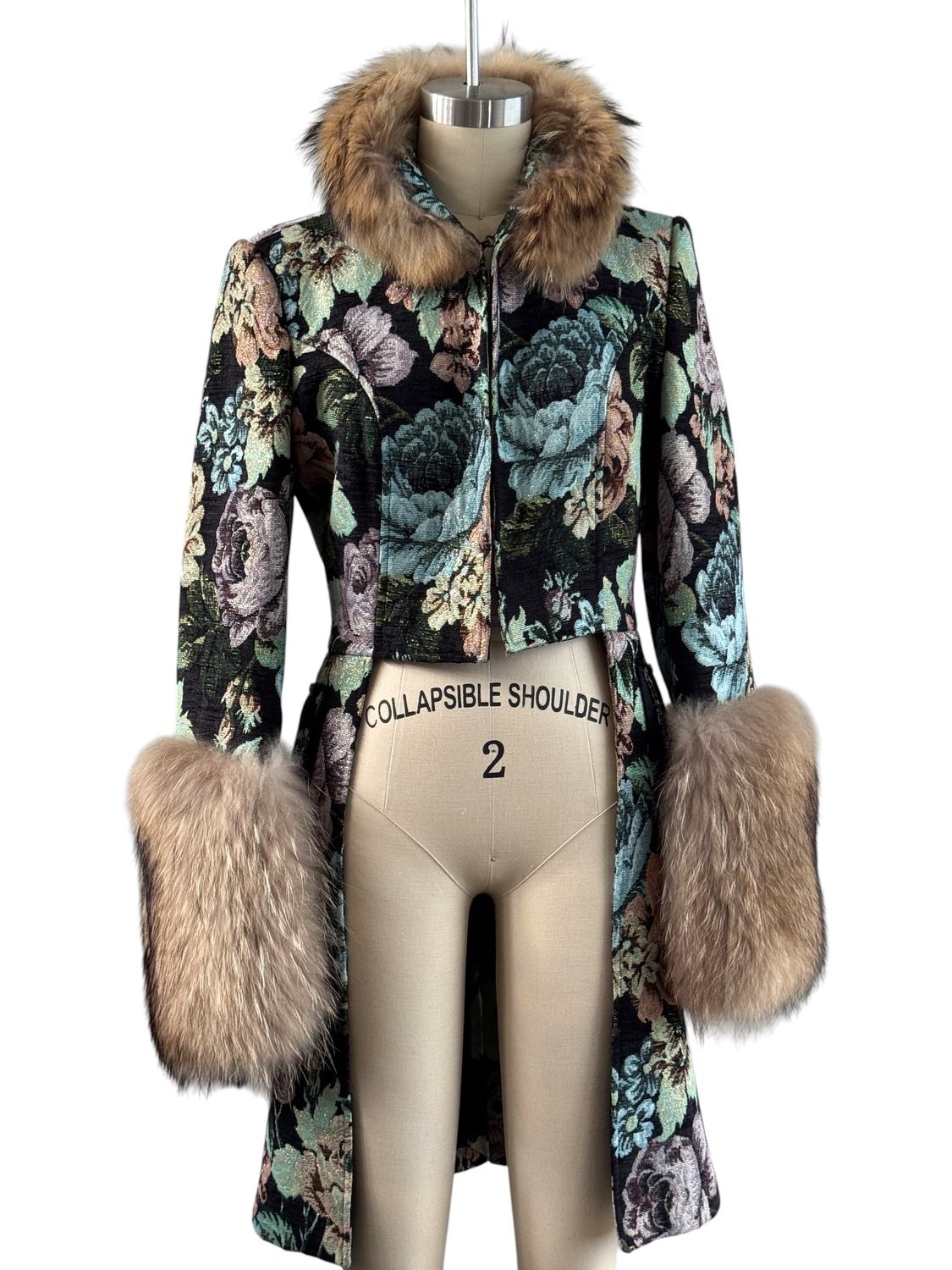 ROBERTO CAVALLI VINTAGE 1990'S FLORAL BROCADE FUR TAILCOAT
