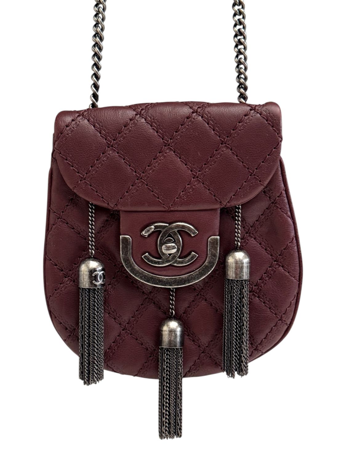 CHANEL 2013 COCO SPORRAN CC QUILTED SADDLE CROSSBODY BAG WITH METAL FRINGE TASSELS