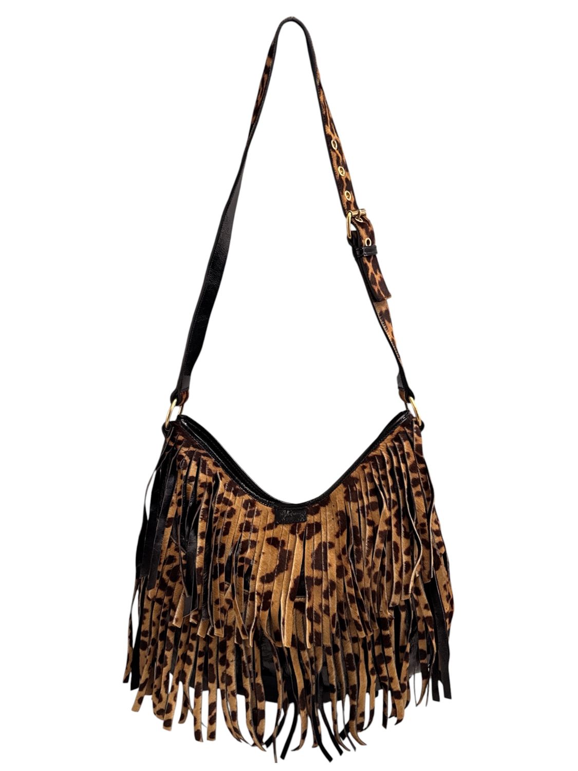 YVES SAINT LAURENT RIVE GAUCHE ARCHIVAL LEOPARD PRINT PONY HAIR FRINGE SHOULDER BAG
