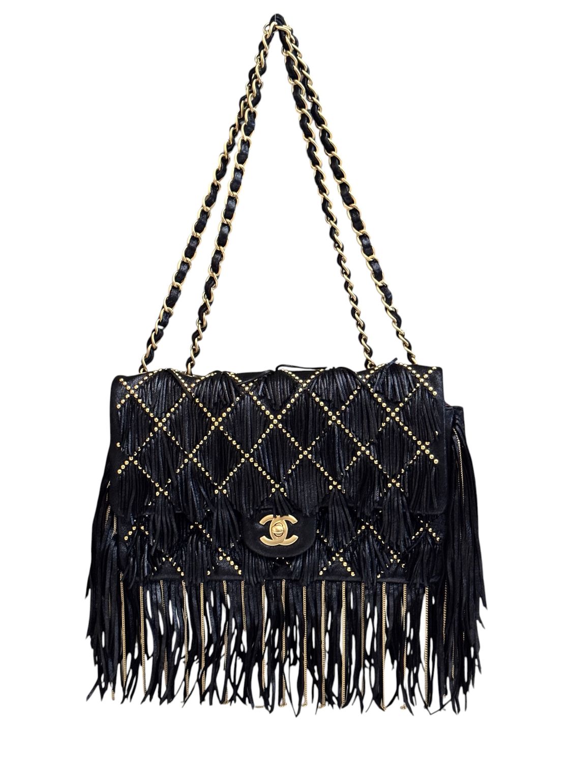 CHANEL 2014 PARIS-DALLAS IRIDESCENT LEATHER FRINGE MEDIUM FLAP SHOULDER BAG
