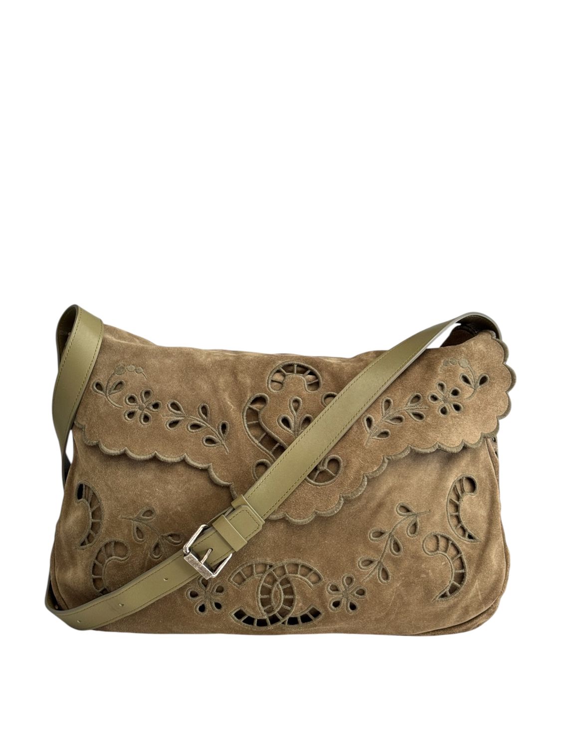 CHANEL SP 2015 LOOK 22 KHAKI SUEDE FLORAL CUTWORK FLAP BAG