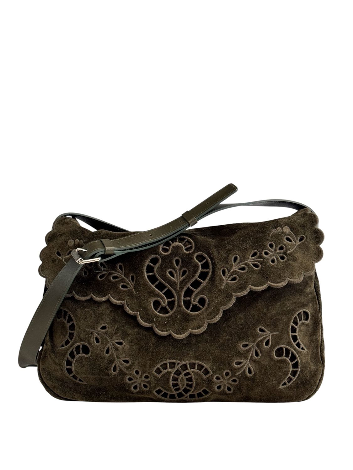 CHANEL SP 2015 LOOK 22 MOSS SUEDE FLORAL CUTWORK FLAP BAG