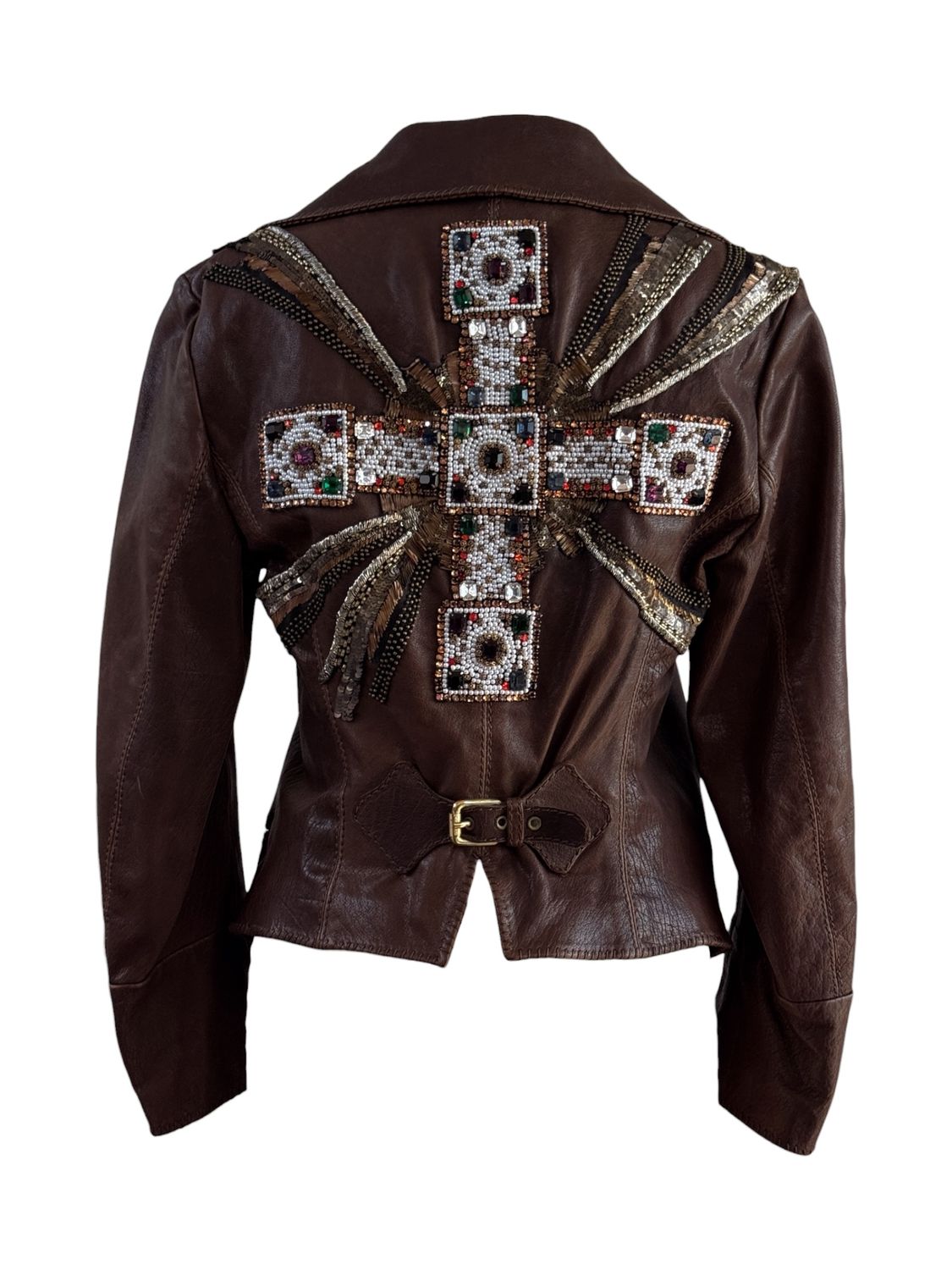 ROBERTO CAVALLI LATE 1990'S ARCHIVE JEWELED MALTESE CROSS LEATHER JACKET