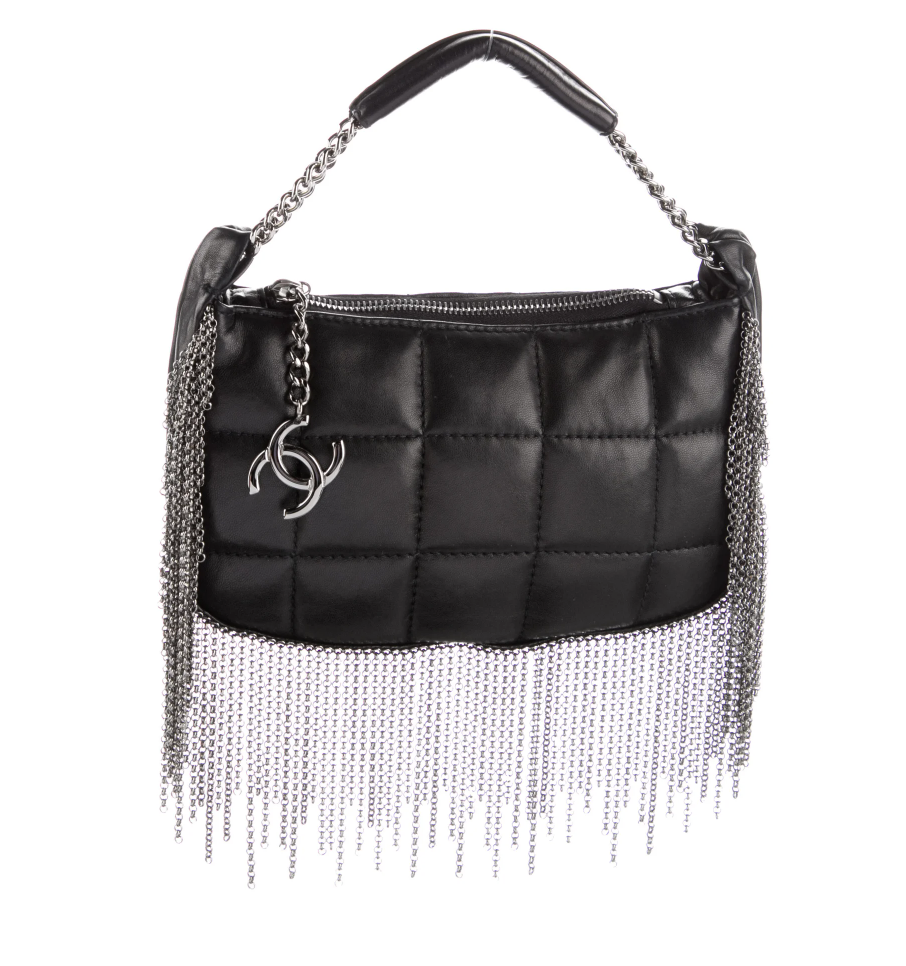 CHANEL VINTAGE BLACK LEATHER QUILTED CC CHAIN FRINGE CABARET MINI HOBO BAG