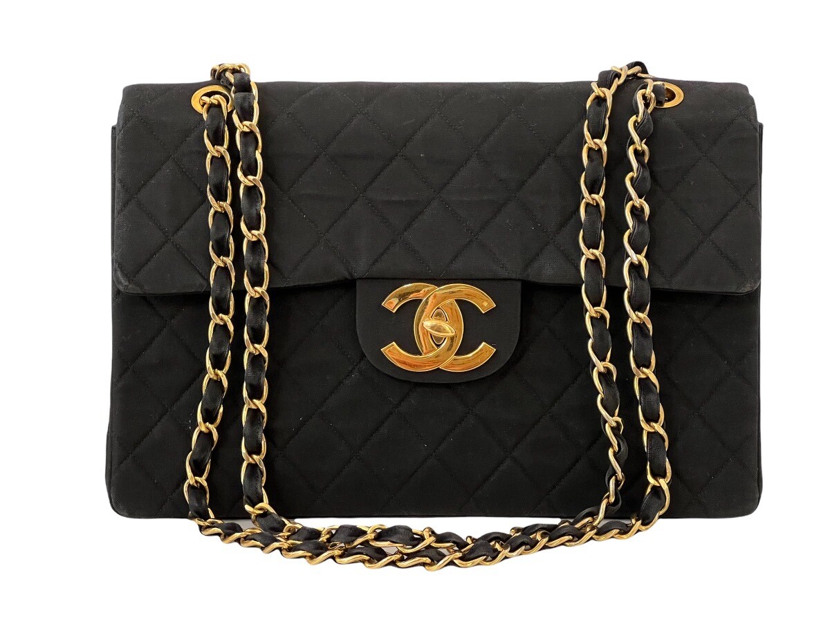 CHANEL BLACK QUILTED FABRIC MAXI JUMBO SINGLE FLAP BAG