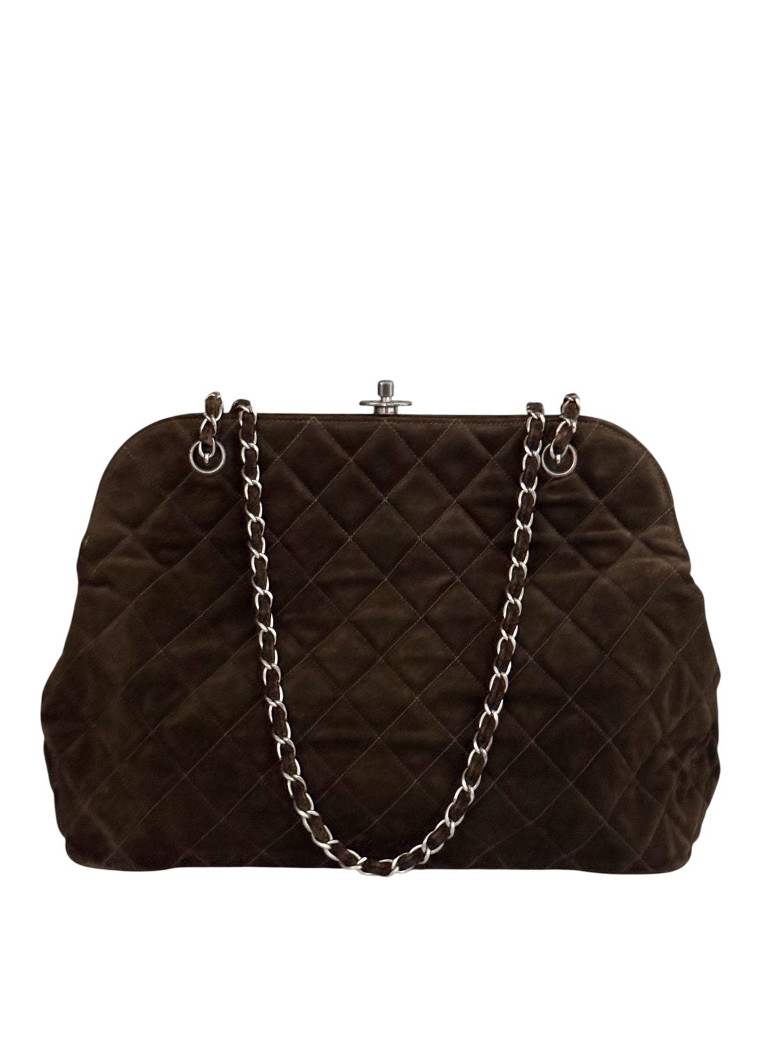 CHANEL VINTAGE CC LOCK METAL FRAME BROWN SUEDE QUILTED LEATHER SHOULDER BAG