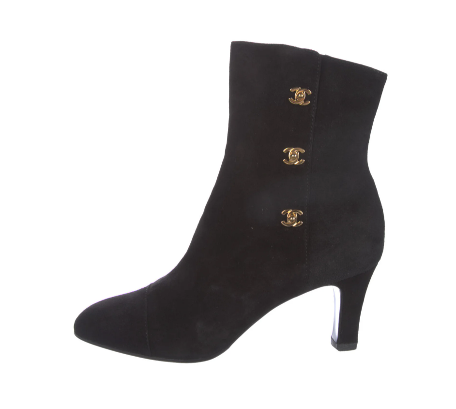 CHANEL VINTAGE BLACK SUEDE TURNLOCK BOOTS IT 38