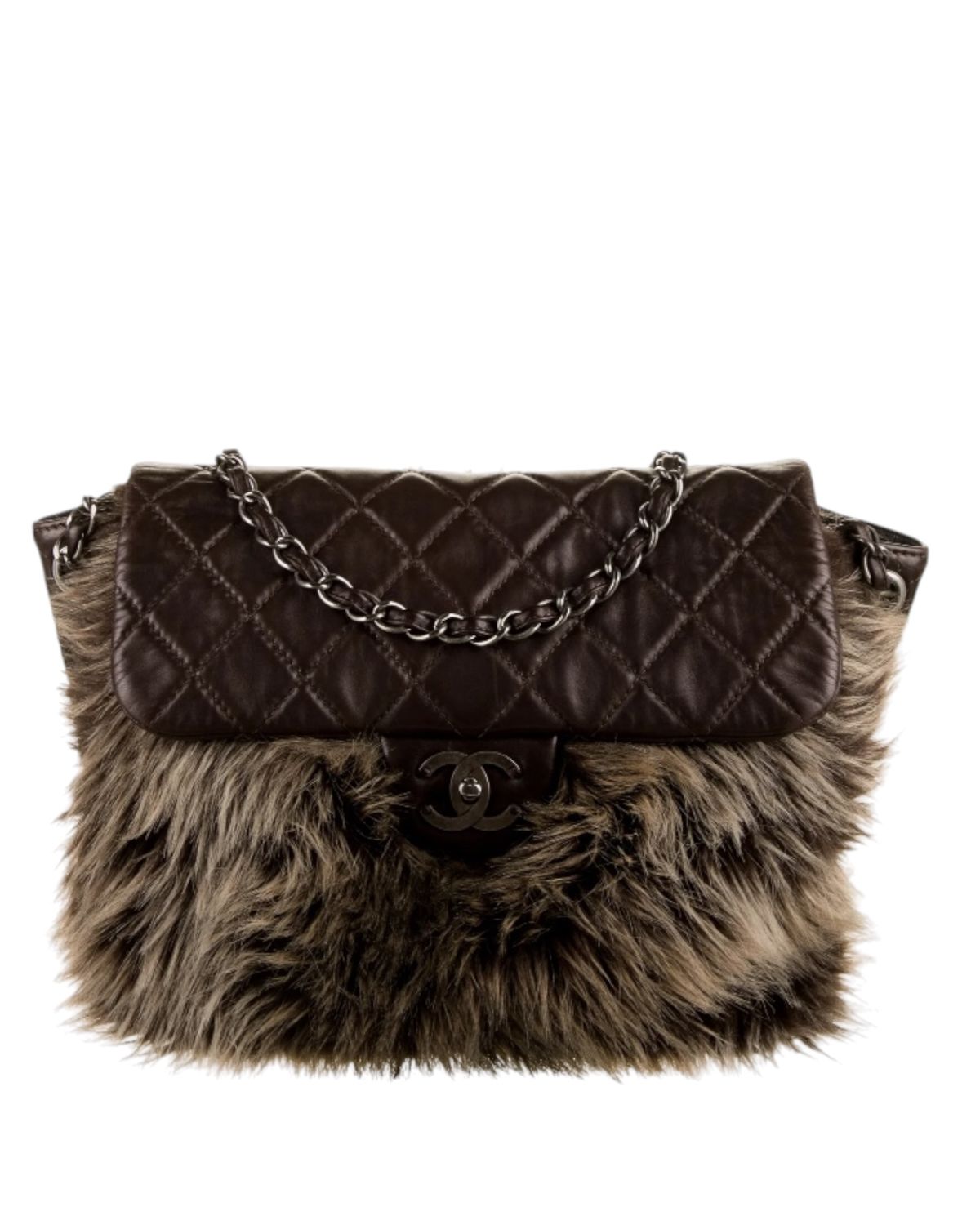 CHANEL FANTASY FUR BROWN LEATHER FLAP XL SHOULDER BAG