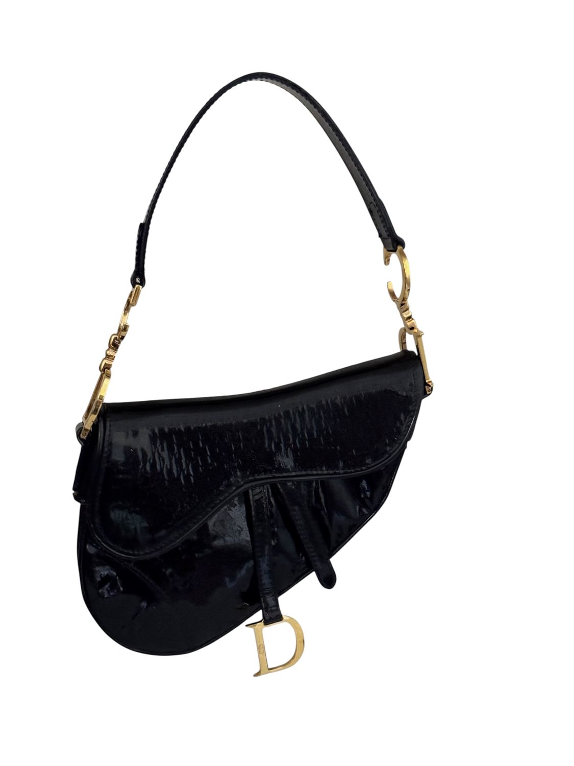CHRISTIAN DIOR VINTAGE DIORISSIMO BLACK PATENT LEATHER SMALL SADDLE BAG