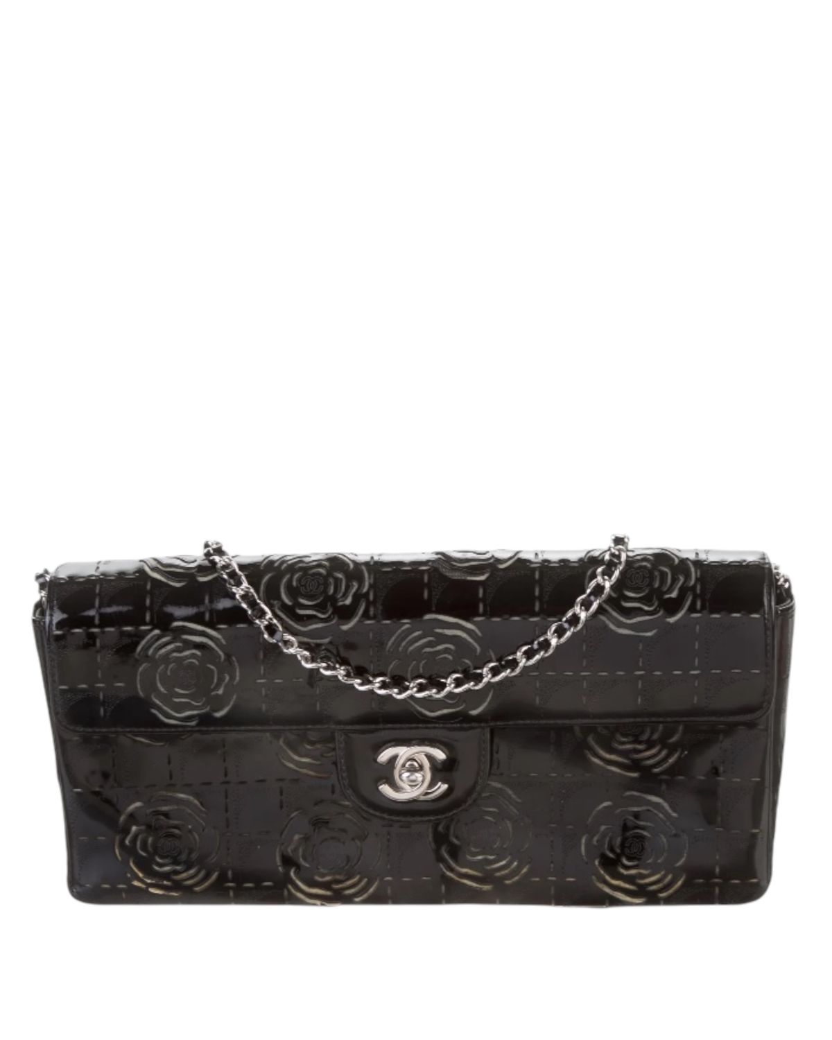 CHANEL CC CAMELLIA BLACK PATENT LEATHER SINGLE FLAP EAST WEST SHOULDER BAG