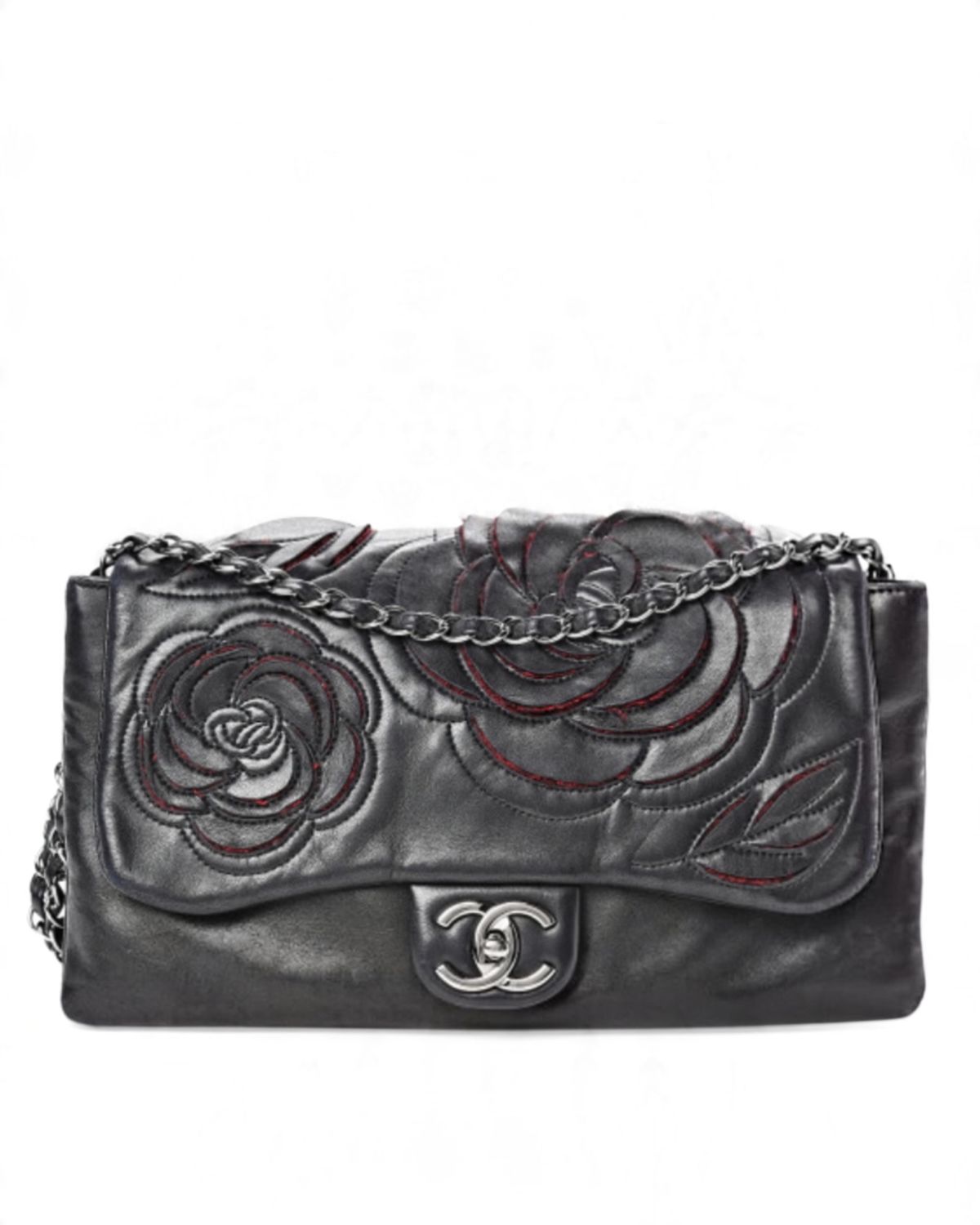 CHANEL CC JUMBO CAMELLIA FLOWER BLACK LEATHER BAG