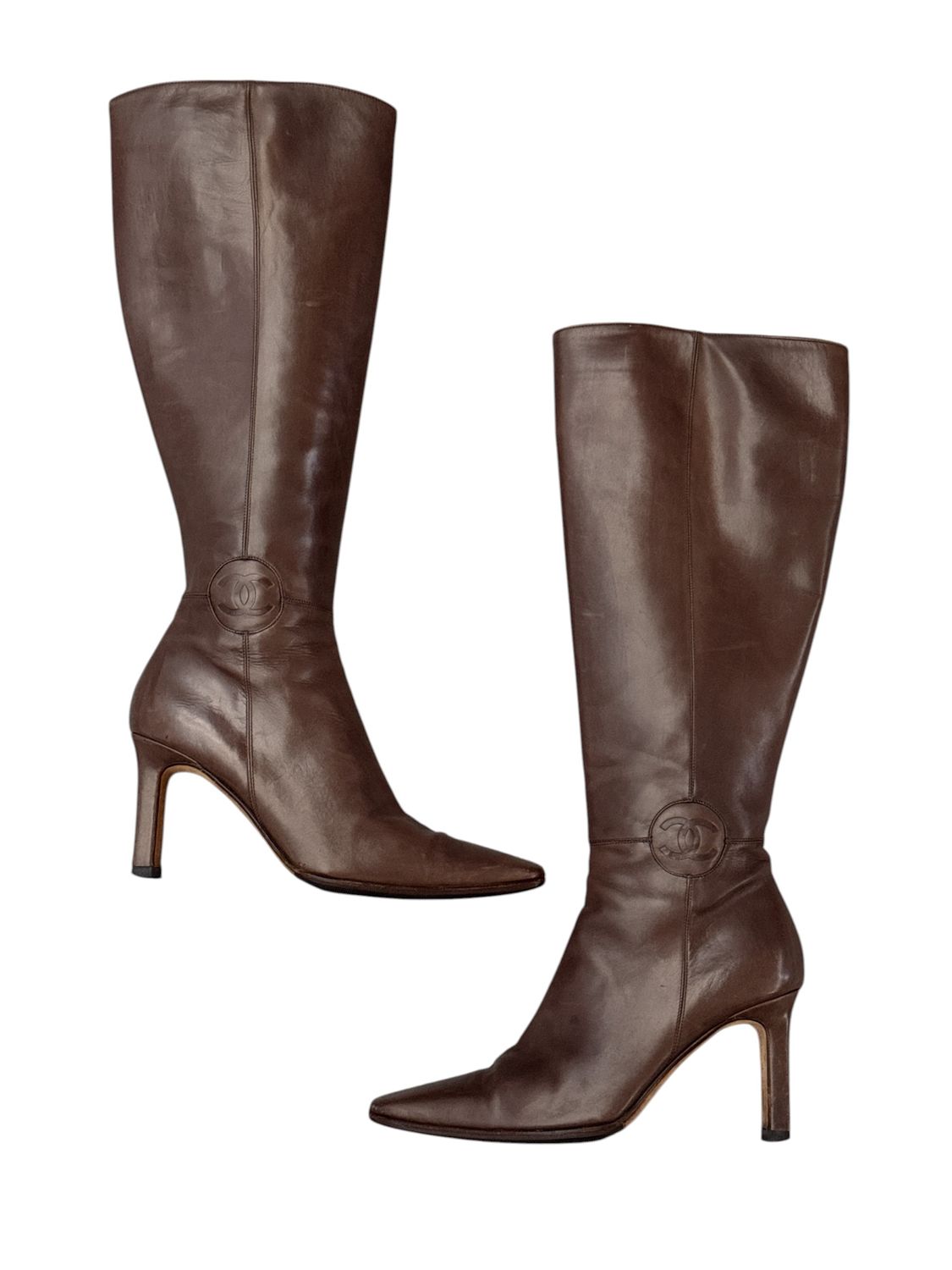 CHANEL CC BROWN LEATHER OTK TALL BOOTS