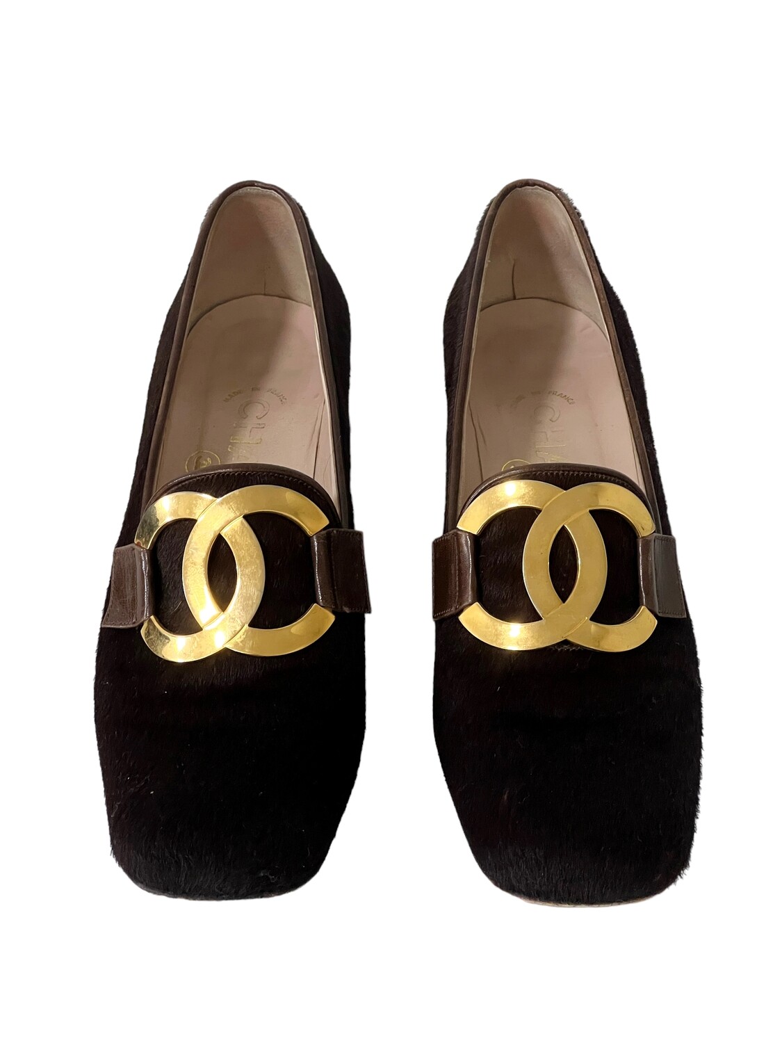 CHANEL 90'S CC LOGO BROWN PONY HAIR LOAFER HEELS IT 37
