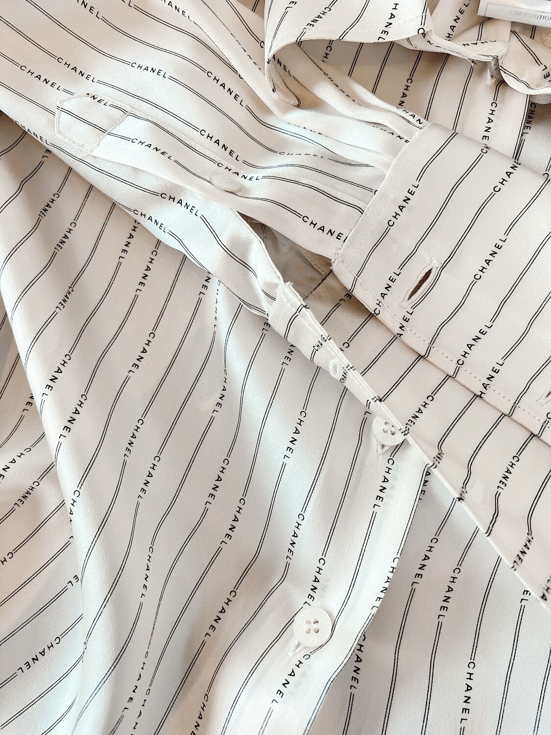 CHANEL VINTAGE LETTER LOGO STRIPE SILK BUTTON DOWN DOWN BLOUSE