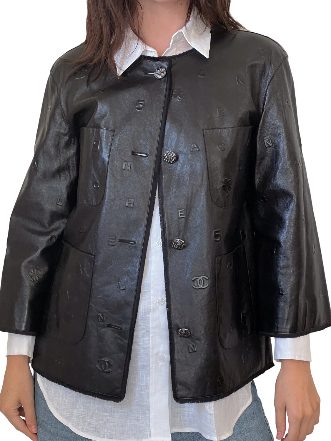 CHANEL 14P EMBOSSED ICON CC LOGOS BLACK LEATHER JACKET FR 36