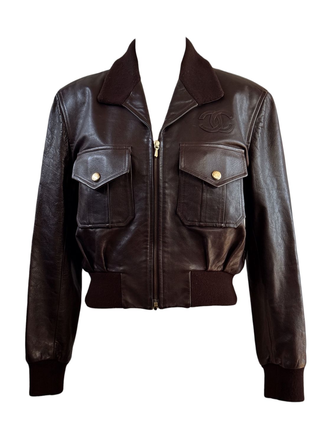 CHANEL 90'S COLLECTION 28 CC LOGO BROWN LEATHER BOMBER JACKET