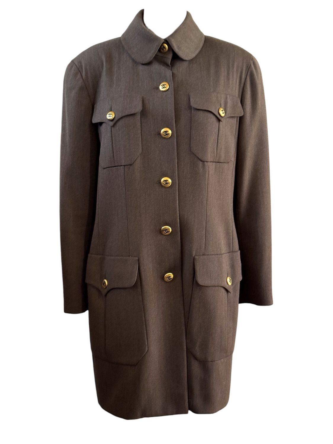 CHANEL 90'S CC BUTTON KHAKI SAFARI COAT