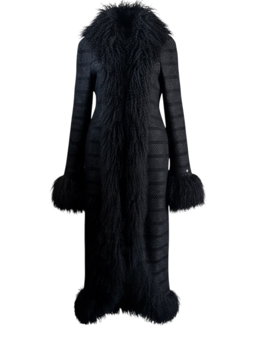 CHANEL 08A WOOL TWEED &amp; TIBETAN LAMB FUR LONG COAT