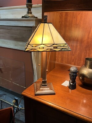 Metal Candlestick Lamp with Stained Glass Shade
