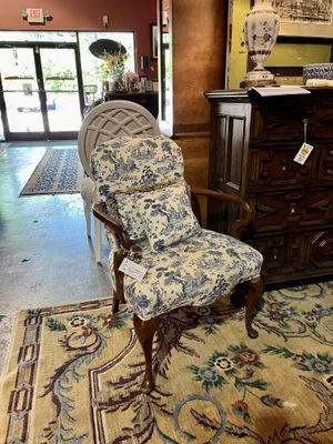 Queen Anne Arm Chair with Two Pillows in Toile