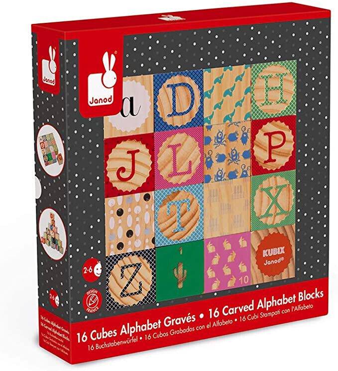 Janod Kubix 16 Carved Alphabet Blocks