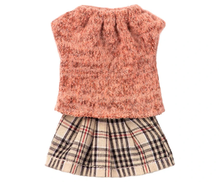 Maileg Clothes for Mum Mouse, Pink Sweater &amp; Plaid Skirt