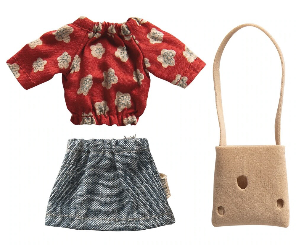Maileg Clothes for Mum Mouse, Red Shirt, Denim Skirt &amp; Bag
